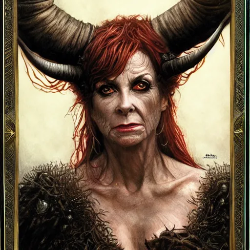 Image similar to head and shoulders portrait of an evil, black - skinned, horned night hag portrayed by reba mcintyre, d & d, fantasy, luis royo, magali villeneuve, donato giancola, wlop, krenz cushart