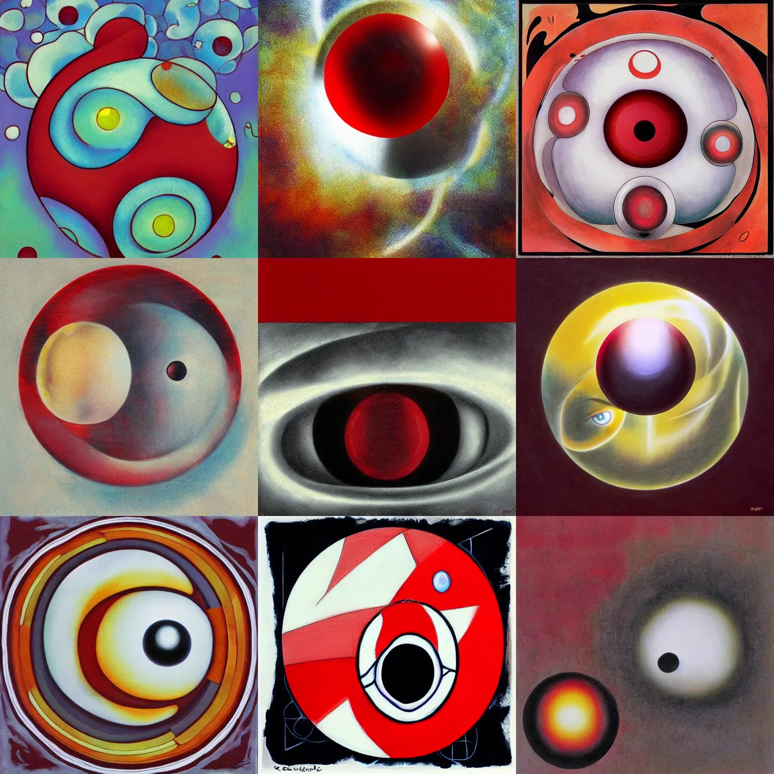 Prompt: the all seing white sphere with the scarlet eye by Renne Magriette, surrealism, Zero 2 from kirby by Renne Magriette, 0² from kirby by Renne Magriette