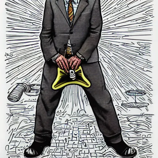 Prompt: The Artwork of R. Crumb and his Cheap Suit Breaking-Bad-Walter-White meth-lab, wearing a bio-hazard suit pencil and colored marker artwork, trailer-trash lifestyle