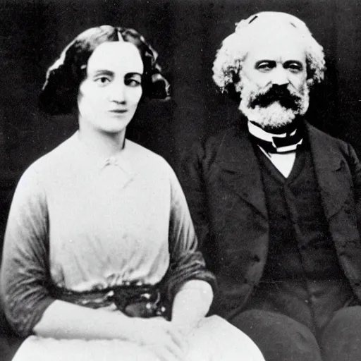 Image similar to Karl Marx and Ayn Rand marrying, wedding photo, 1920, Church altar backround