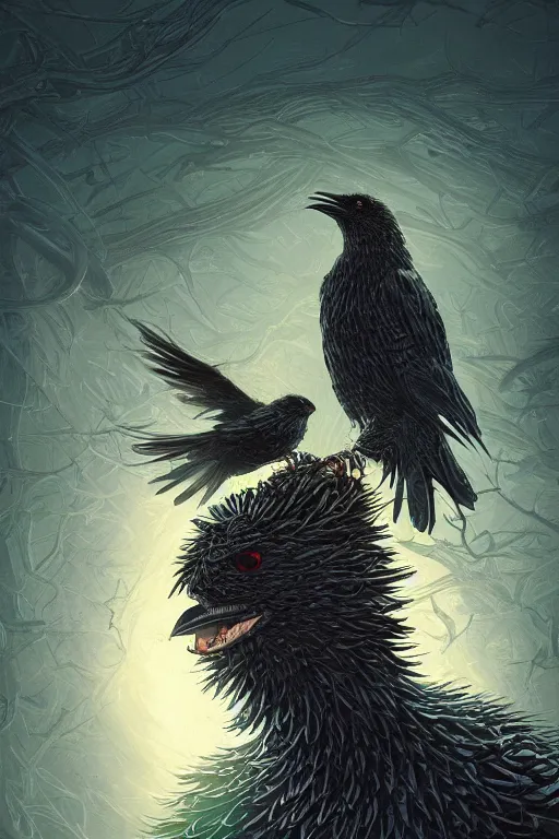 Prompt: black crows knocked a nest on his head, open mouth, cruelty, pain, light effect, hyper detailed, intricate, elegant, highly detailed, digital painting, artstation, concept art, matte, sharp focus, illustration, by dan mumford, yusuke murata, makoto shinkai, ross tran