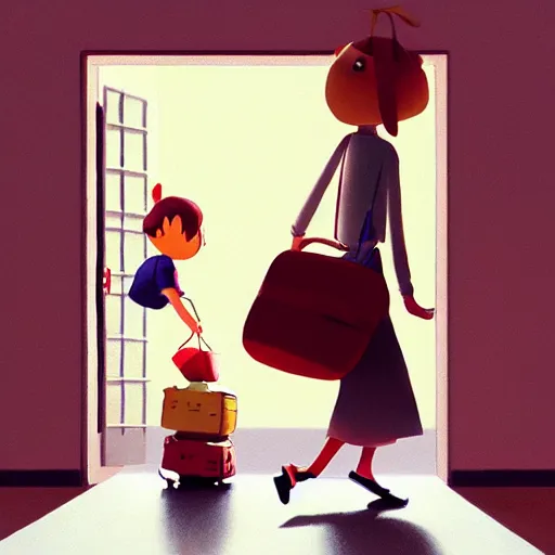 Image similar to goro fujita ilustration cheerful girl taking the suitcases out of her house, painting by goro fujita, sharp focus, highly detailed, artstation