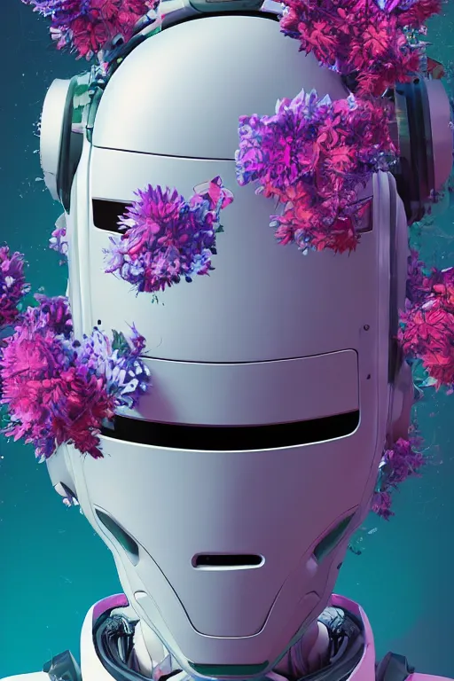 Prompt: a digital painting of a robot with flowers, cyberpunk portrait art by filip hodas, cgsociety, panfuturism, made of flowers, dystopian art, vaporwave