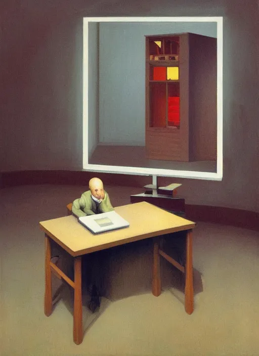 Prompt: A desk holding a computer monitor mouse monitor and keyboard with the tower sitting on the floor, Edward Hopper and James Gilleard, Zdzislaw Beksinski, Mark Ryden, Wolfgang Lettl highly detailed