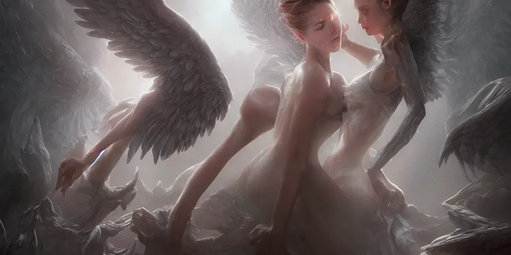 Prompt: ultra realistic, beautiful angel kissing devil, sci-fi, fantasy, mythical, intricate, elegant, highly detailed, digital painting, octane render, substance painter, zbrush, artstation, concept art, smooth, sharp focus, eerie, illustration, 8k, HD, art by artgerm and greg rutkowski and raphael