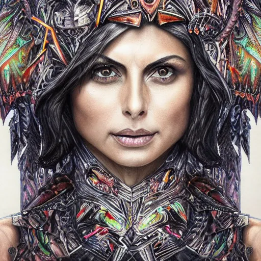 Image similar to hyper realistic pencil drawing of Morena Baccarin as a eldritch queen, intricate detail, beautiful, battle armor, war, fight, light, dragon, colorful by anna dittmann
