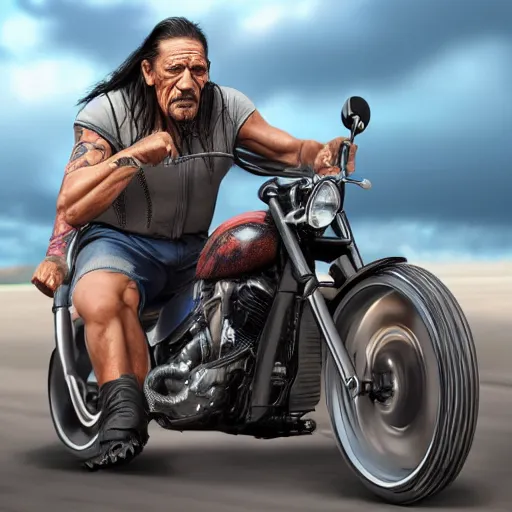 Prompt: danny trejo riding on a motorbike with his hair tied up, realistic photography, 4 k, trending on artstation