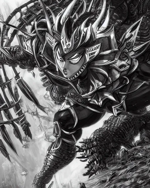 Image similar to Invasion, black and white, highly detailed face, close-up, fantasy art, fighting art, in the style of masami kurumada, illustration, epic, fantasy, intricate, hyper detailed, artstation, concept art, smooth, sharp focus, ray tracing