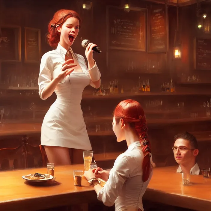 Image similar to a waitress singing on a table in a bar, elegant, real life skin, intricate artwork, high detailed, artstation, concept art, smooth, sharp focus, art by artgerm and greg rutkowski