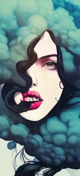 Image similar to lots of swirling, dreamy, thick smoke exhaled from a pretty young woman's open mouth, smoke drifting all around, by conrad roset, dramatic digital art, trending on artstation