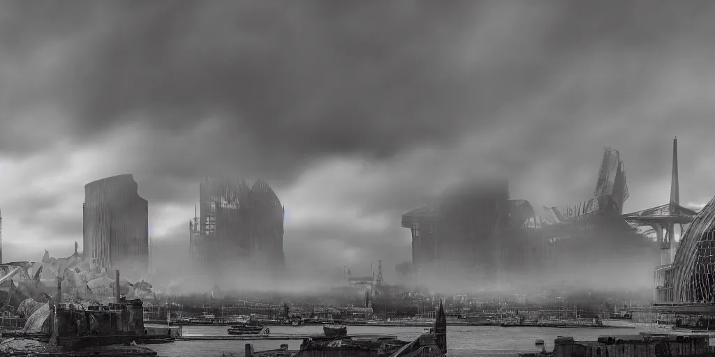 Image similar to a color photograph of Boris Johnson standing in front a nuclear landscape of the southbank centre in london, the london eye and big ben are still standing, collapsed brutalist architecture, groups of human figures stagger amongst the ruins, fog, dust atmosphere, brooding clouds, mushroom cloud, detailed, 4k, Fallout, postapocalyptic