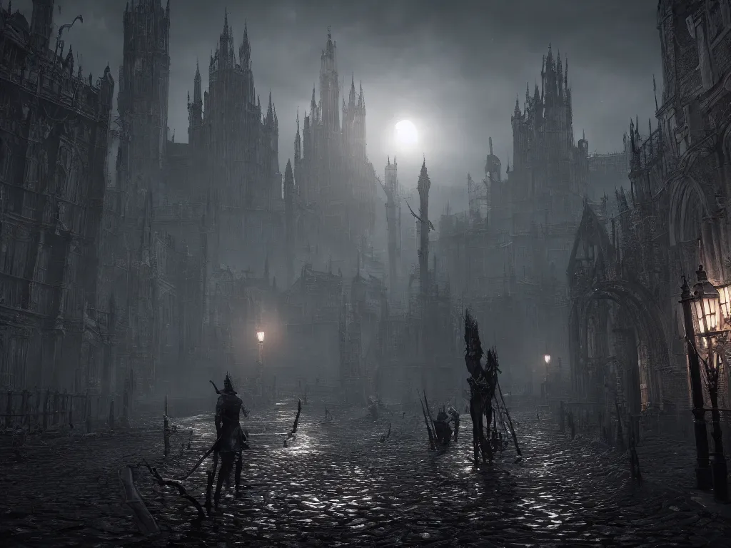 Prompt: bloodborne 2, dark, nighttime, victorian england style, horror, grotesque, serene, haunting, High Definition detail, 8K