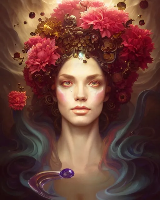 Image similar to liquid magma priestess face, flowers and gemstones, artgerm, peter mohrbacher, jesper ejsing, photorealism, highly detailed portrait, volumetric lighting, halo of light, gilding, alphonse mucha