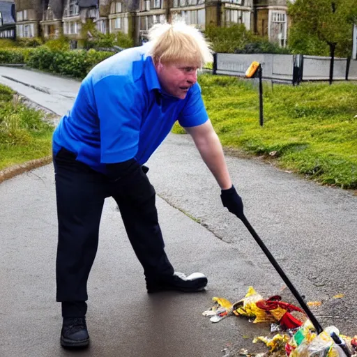 Image similar to An oil painting of Boris Johnson doing community service in a high vis vest, he is picking litter on a British street