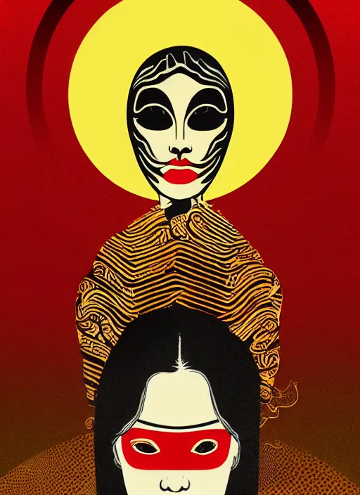 Image similar to portrait of a woman with a mask on his face in the form of a spiral in a golden kimono, full face, against the background of a bright red moon, sad motif, by shepard fairey, dramatic, soft colors, futuristic, 8 k