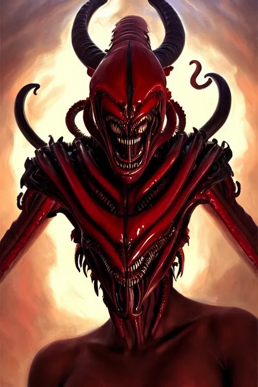 Image similar to painted close - up portrait of a very attractive red - skinned intimidating demon xenomorph queen with ram horns! oil painting, wearing a noblewoman's outfit, fantasy art by john singer sargent and gaston bussiere and james jean and greg rutkowski, demon noble character design, hd