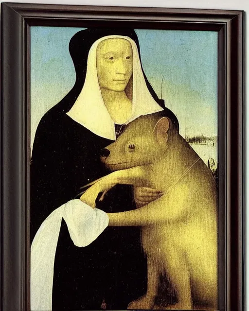 Image similar to Lady with an Ermine by Leonardo painting by Hieronymus Bosch