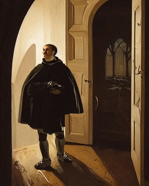 Prompt: A painting of Martin Luther nailing a paper skeleton Halloween decoration to the door of a suburban home, in the styles of Ferdinand Pauwels, Greg Rutkowski, and Tim Burton, hyperrealistic, volumetric lighting