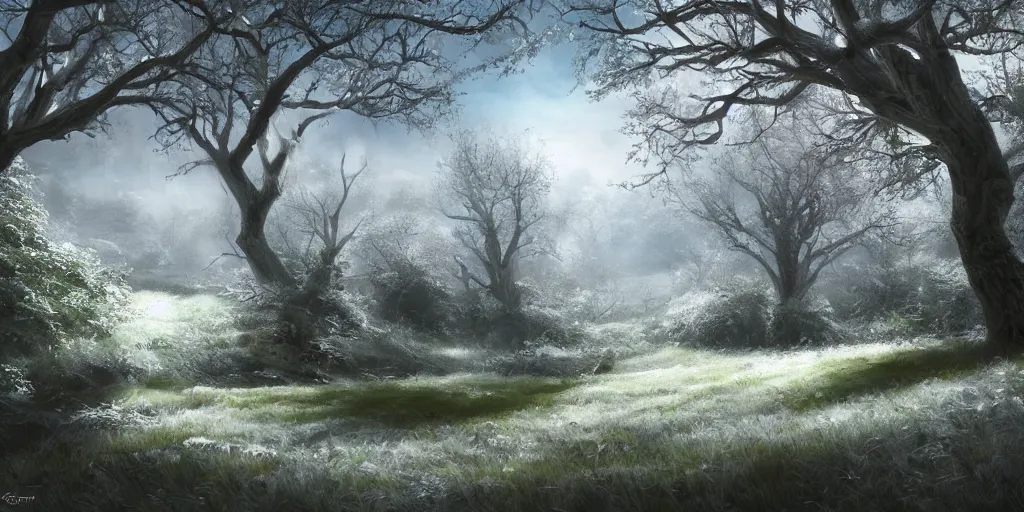 Image similar to a fantasy landscape with white beautiful trees