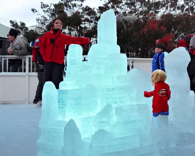 Image similar to ice sculpture. there is a little blonde boy trapped in the figurine made of ice. antartica. coca cola polar bear cheers on. concerned parents looking down from a zoo railing.