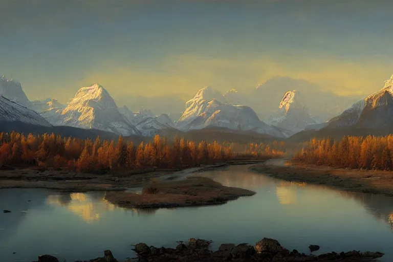 Image similar to an epic landscape painting of the three sisters mountains in canada, with snow on its peak, at sunrise in springtime, with the bow river in the foreground, painted by x, atmospheric, volumetric lighting, rolling fog, breathtaking, highly detailed, painted by ted nasmith