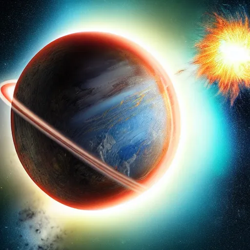 Image similar to two planets colliding, the impact point exploding