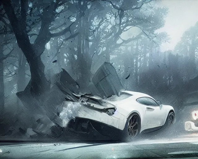 Image similar to a white fast car crash, horror scene, dramatic, anime art, Greg Rutkowski, studio ghibli, dramatic lighting