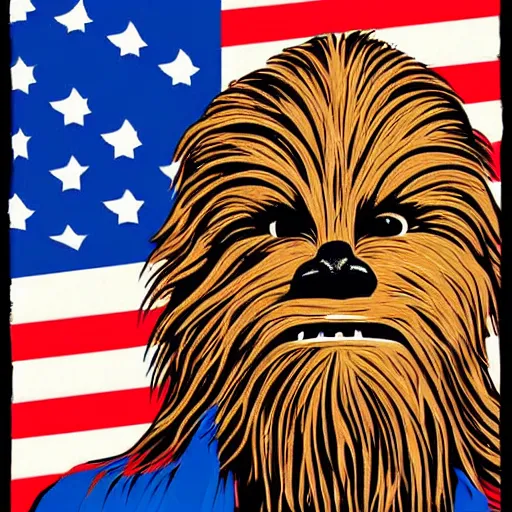 Image similar to chewbacca presidential election poster showing close up of chewbacca face red and blue duotone screenprint by sheperd fairey