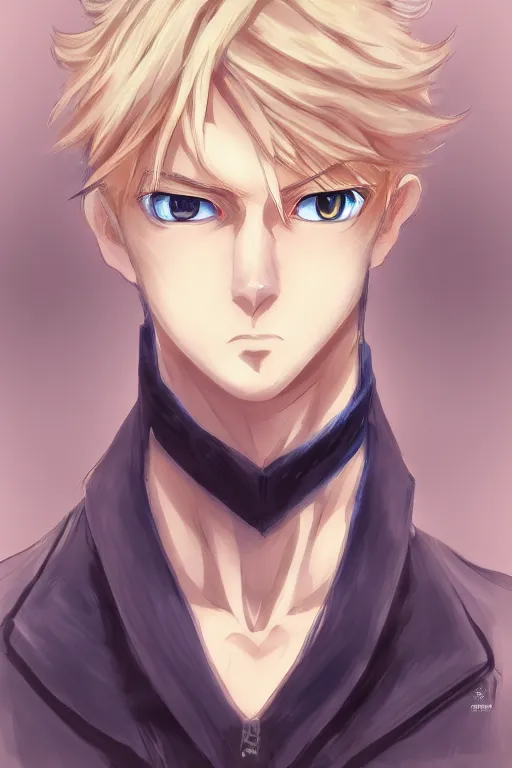 Prompt: male anime character, blonde hair, luminescent blue eyes, symmetrical, highly detailed, digital art, sharp focus, trending on art station, blue eyes, autumnal colours