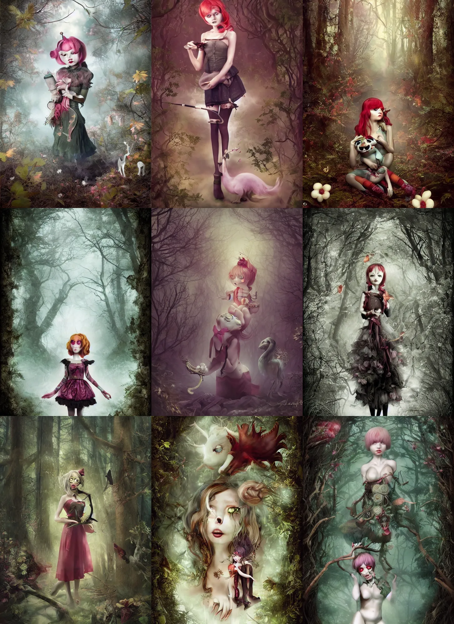 Prompt: pippi långstrump in a dark forbidden forest, coherent composition by Natalie Shau, by Kawacy