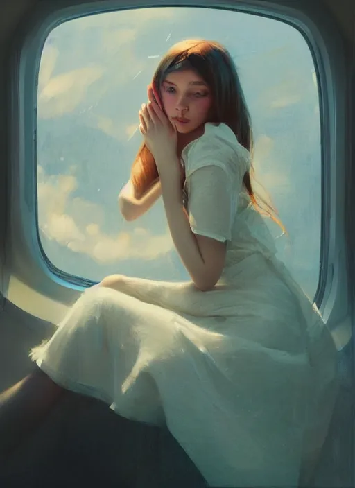 Image similar to beautiful girl sitting on a spaceship window wearing a dress, highly detailed miniskirt, beautiful face model girl, by jeremy lipking, by artgerm, digital art, octane render