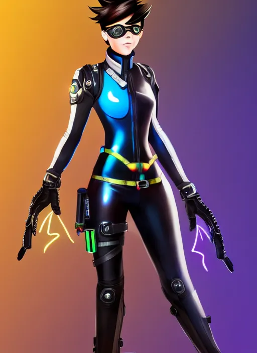 Image similar to full body digital artwork of tracer overwatch, confident pose, wearing black iridescent rainbow latex, 4 k, expressive happy smug expression, makeup, in style of mark arian, wearing detailed black leather collar, wearing sleek armor, black leather harness, expressive detailed face and eyes,