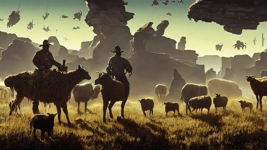 Image similar to Cyberpunk cowboys herding sheep in a No Man's Sky landscape in the style of Frederic Remington