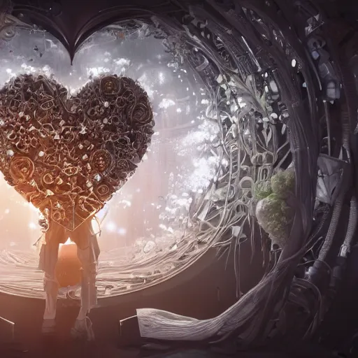 Image similar to biocomputer heart with white biocomputer flowers and biomechanical flowers, intricate environment, matte painting, diffused lighting, highly detailed cinematic, epic composition, highly detailed, atmospheric, wide angle, artstation trending