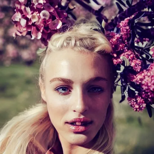 Image similar to vintage photograph of an olive skinned blonde female model in her twenties, her hair pinned up with flowers, wearing a designer top, looking content, focused on her neck, photo realistic, extreme detail skin, natural beauty, no filter, slr, golden hour, 8 k, high definition, selfie