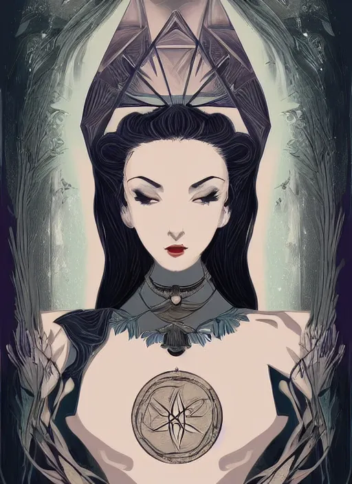 Image similar to tarot!!, high priestess, no noise, elegant, concept art, sharp focus, beautiful face!!, digital art, smooth defined outlines!!, human anatomy, human structure, vector background, dark fantasy, by Yukio Miyamoto