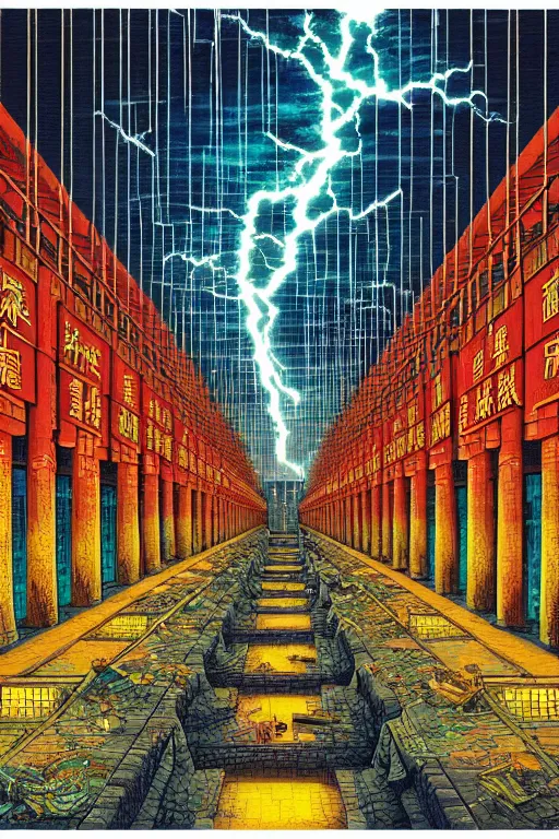 Image similar to artwork of a chinese prison by dan mumford and toshi yoshida and peter doig, symmetrical, vintage scifi, highly detailed, dramatic lightning,, 8 k