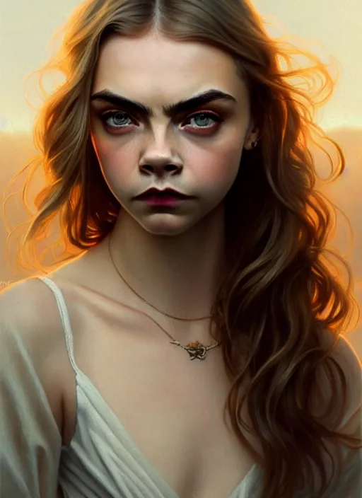 Image similar to half cara delevingne half Anya Taylor-Joy a pure gorgeous seductive angel, full body portrait, slight smile, diffuse natural sun lights, autumn lights, highly detailed, digital painting, artstation, concept art, sharp focus, illustration, art by wlop and greg rutkowski and alphonse mucha and artgerm