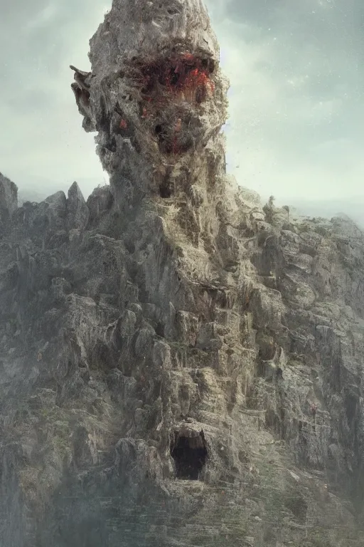 Image similar to a detailed portrait of a giant michanical face buried half way in a cliff by Greg Rutkowski, Sung Choi, Mitchell Mohrhauser, Maciej Kuciara, Johnson Ting, Maxim Verehin, Peter Konig, final fantasy, Marco lense , 8k photorealistic, cinematic lighting, HD, high details, atmospheric , trending on artstation