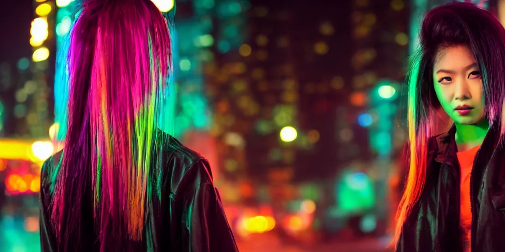 Image similar to photo portrait of an Asian woman with long Mohawk down hair wearing neon cyberpunk jacket, cinematic shot, night lighting, dslr bokeh depth of field