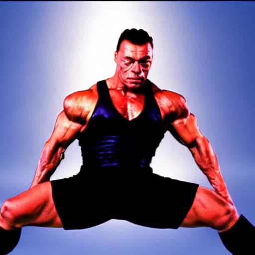 Prompt: Jean Claude Vandamme, 1992, doing the splits, dramatic lighting, award winning, octane,