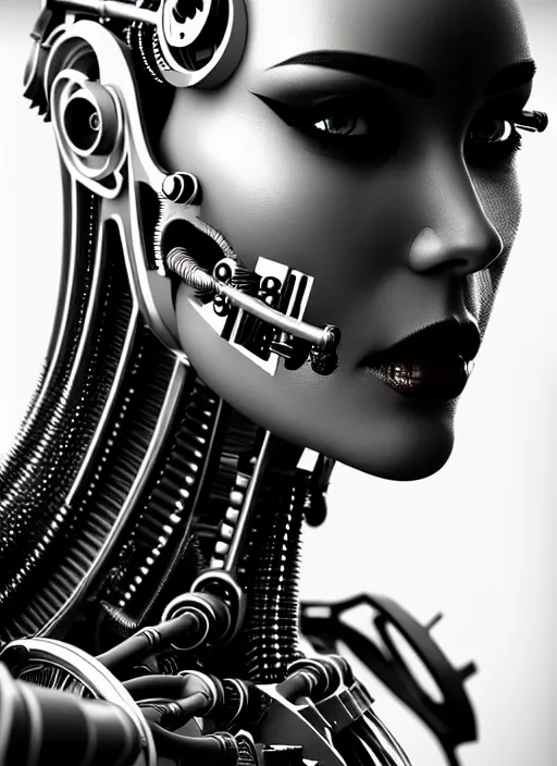 Image similar to a stunning young female cyborg profile face, face is made intricate tribal bio - mechanical, bw, unreal engine, glamor shot, nikon d 7 5 0, closeup, f / 2. 8, low contrast, 1 6 k, rim lighting, optical fiber, cinematic lighting, insanely detailed and intricate, hypermaximalist, elegant, ornate, hyper realistic,