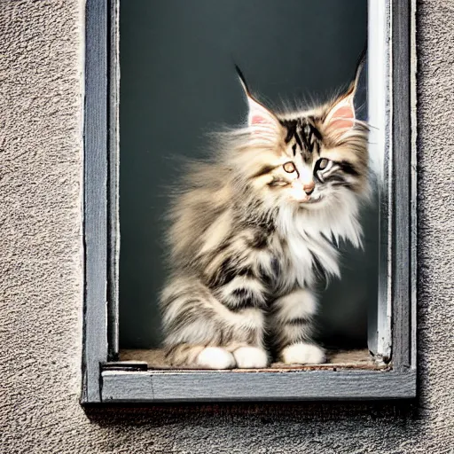 Prompt: medium - shot view from the back of a backlit maine coon kitten gazing out a window at flowers on a sunny day. 3 5 mm, f / 1 1. 0, iso 2 0 0, hdr