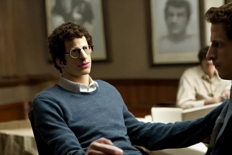 Image similar to a cinematic still from the social network movie of ((andy samberg))