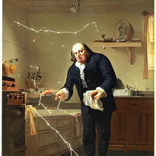 Prompt: benjamin franklin angrily throwing a string of led lights in the trash in a modern kitchen by rockwell