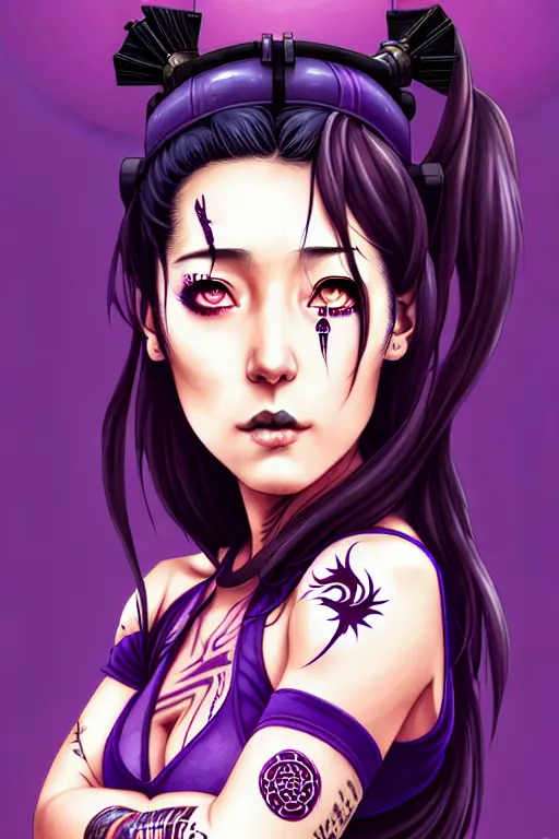 Image similar to a portrait of dilraba dilmurat as revy from black lagoon, smirk, black tank top, jean shorts, brown eyes, purple hair, tribal tattoo sleeve right arm, symmetrical eyes, symmetrical face, art by lois van baarle and loish and ross tran and rossdraws and sam yang and artgerm