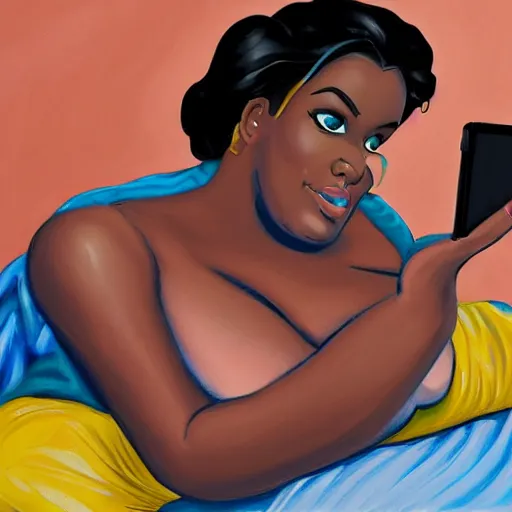 Image similar to stunning, coherent, beautiful painting, still of a giant man taking a picture of beautiful black bbw posing laying down in her bed , she is taking a selfie of the man , 3d, in the style of pixar, comic book cover, 3d, highly detailed, highly detailed, sharp focus, bokeh, depth of field, 16k resolution, Unreal Engine 5, coherent, cinematic lighting, photorealistic, by Zhang Jingna