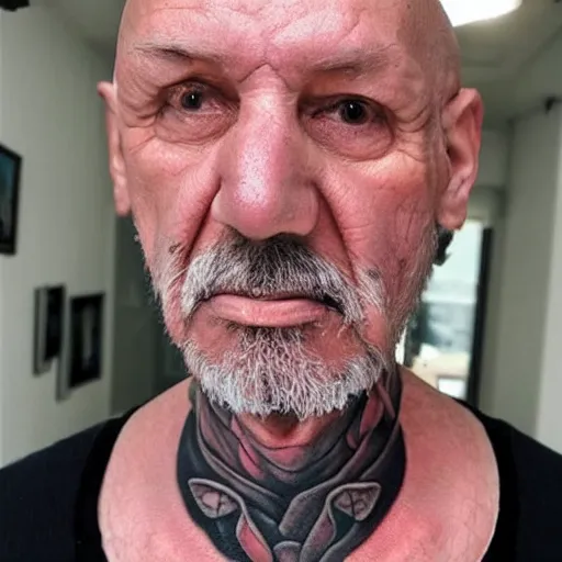 Prompt: an 8 k hdr ultra realistic photo of a contemporary award winning rat tattoo on an old man ’ s bald head