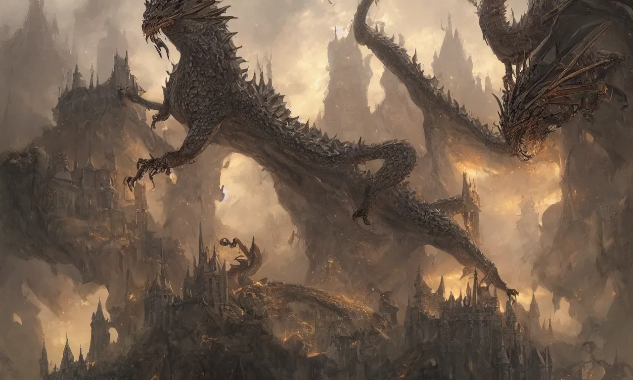 Prompt: dragon infront of a castle, illustration painting, oil on canvas, intricate, detailed illustration, hd, digital art, overdetailed art, concept art, detailed, illustration painting by greg rutkowski, digital art, overdetailed art, concept art,