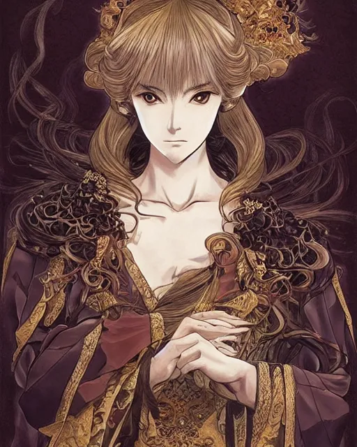 Image similar to otoyomegatari, baroque style, elegant, beautiful, mesmerizing, concept art, fancy clothing, highly detailed, artstation, behance, deviantart, inspired by innocent manga, inspired by castlevania concept art, trending, ayami kojima, shinichi sakamoto, kaoru mori